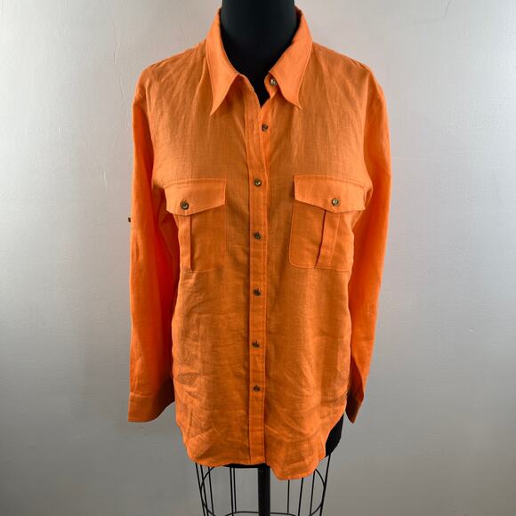 Lauren Ralph Lauren Linen Button Down Top Orange Long Sleeve Pockets Size L - Picture 2 of 12